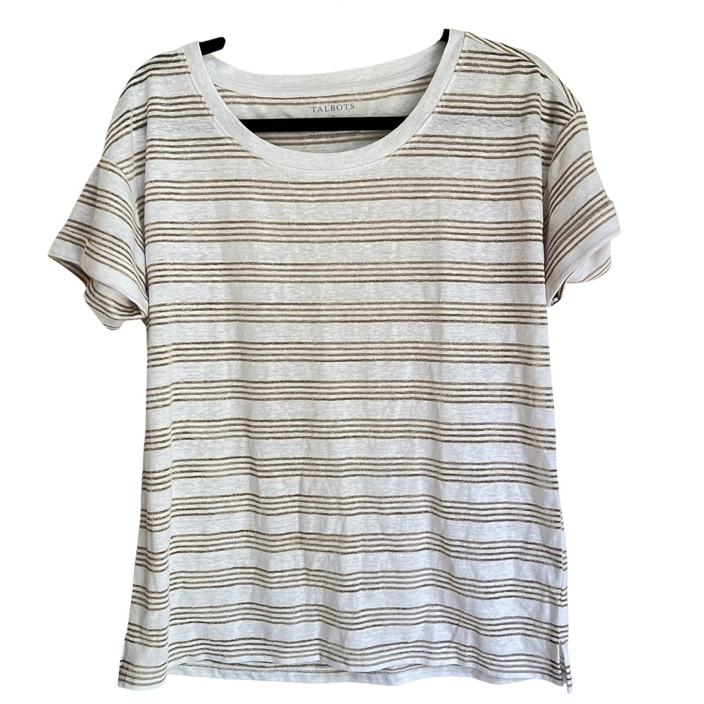 Talbots Womens Small White Gold Metallic Striped Linen Blend Short Sleeve Tee